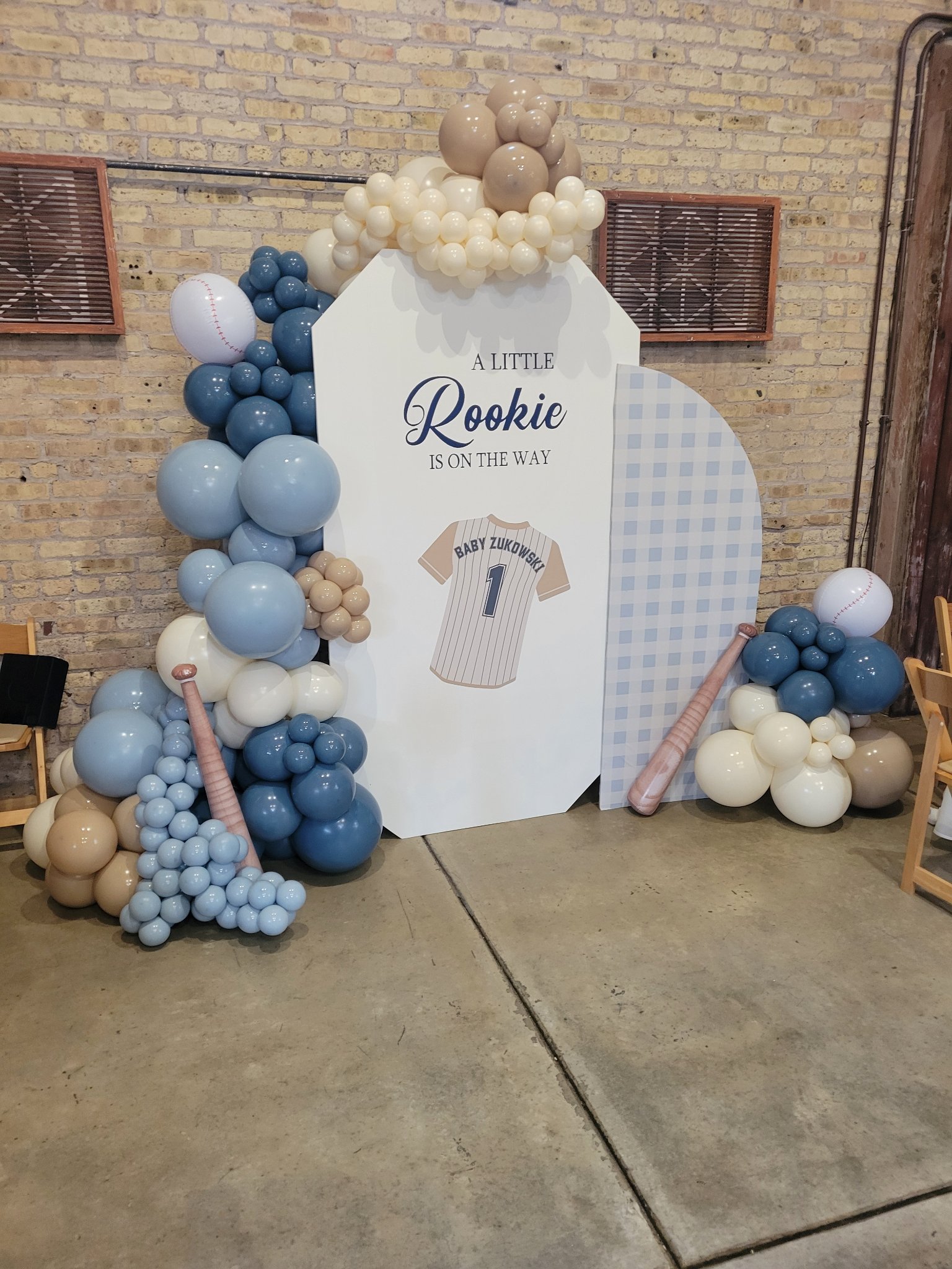 Baseball themed baby shower balloon backdrop with organic garland in Joliet IL